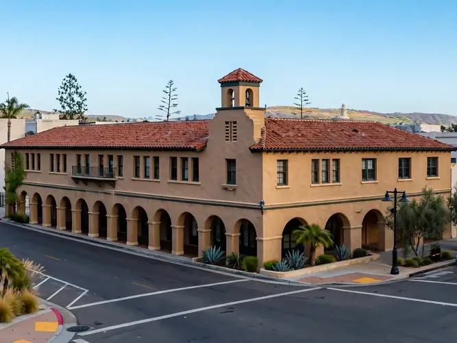 A two-story stucco building with arched doorways and a terracotta roof.