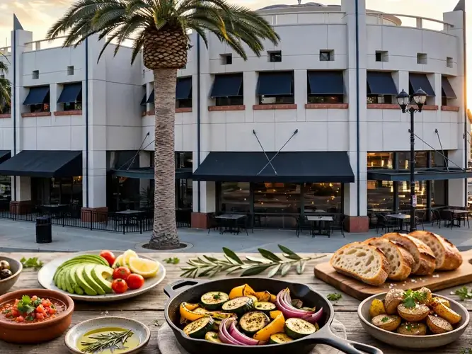 A building with a palm tree in front of it and a table of food in the foreground.